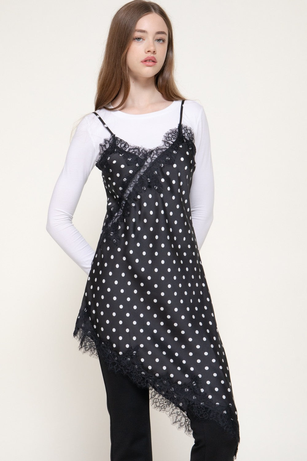 Asymmetric Dot Print Satin Dress