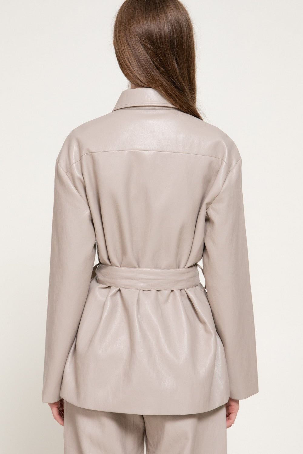 Button Down Belted Faux Leather Jacket