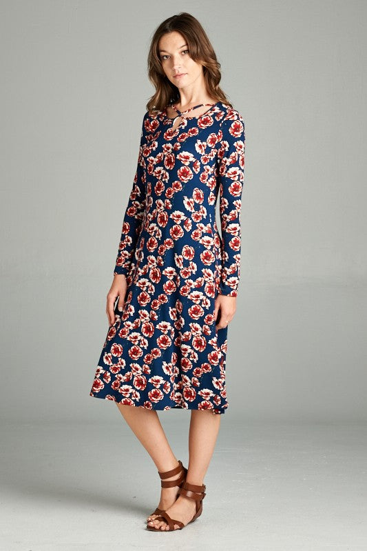 Fit Flare Floral Crisscross Neck Midi Dress