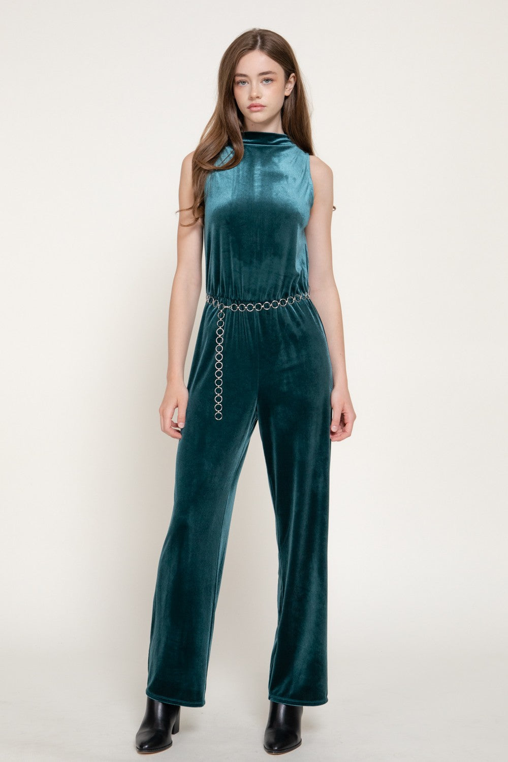 Sleeveless High Neck Chain Belted Velvet Jumpsuit