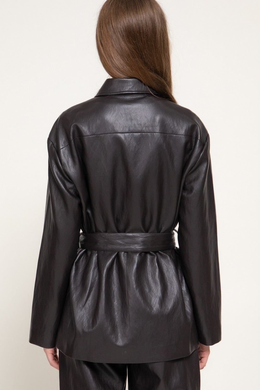 Button Down Belted Faux Leather Jacket