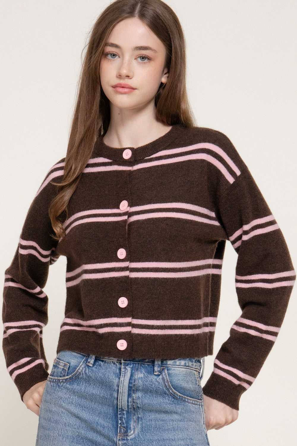 Long Slv Striped Sweater Cardigan
