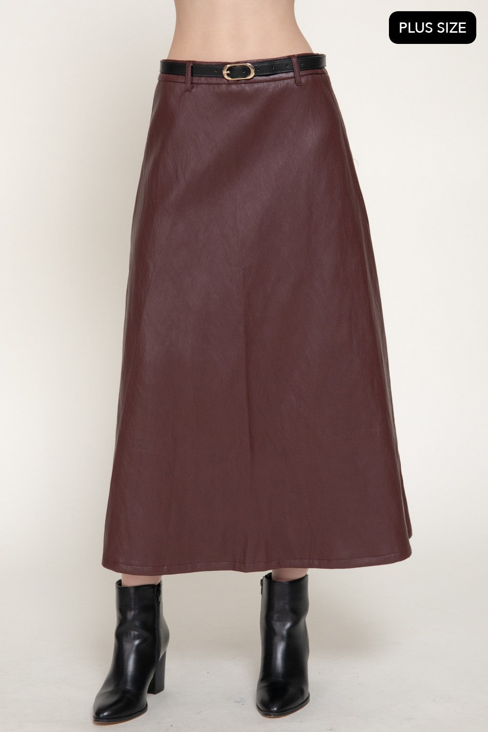 Faux Leather Belted A-line Midi Skirt