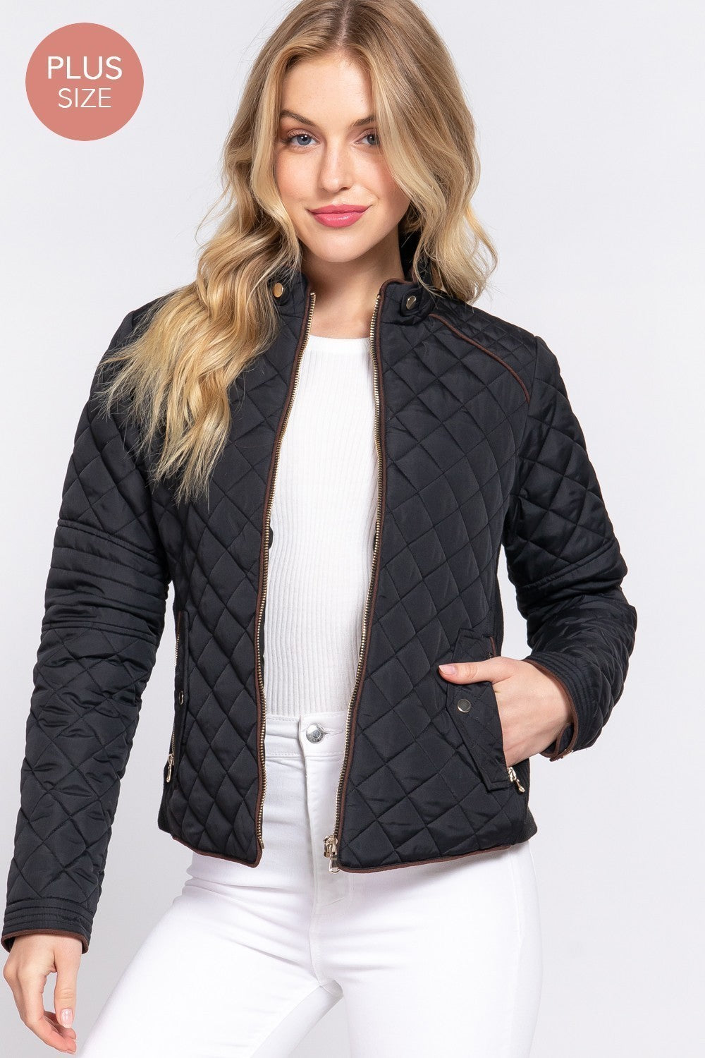Suede Piping Detail Rib Quilted Padding Jacket