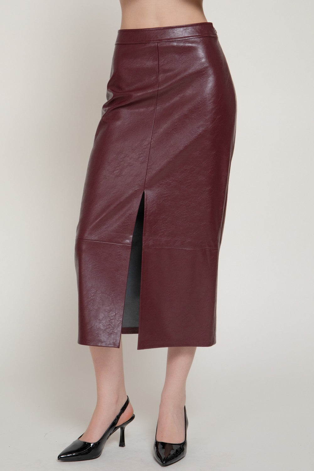 Texture Faux Leather Pencil Midi Skirt