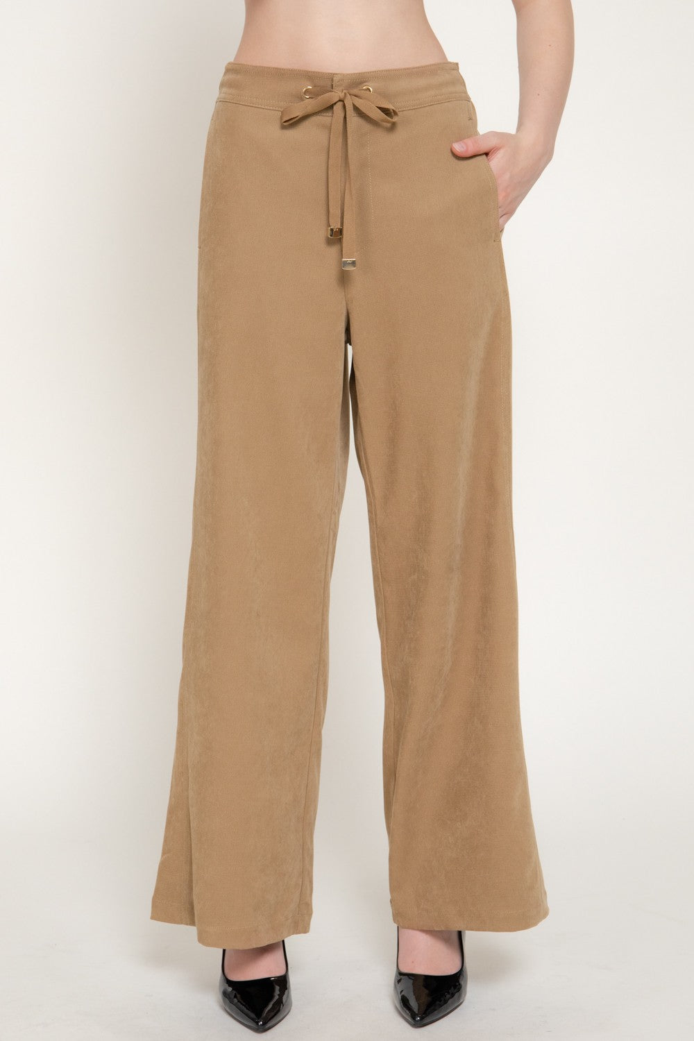 High Waist Wide Leg Suede Touch Twill Pants
