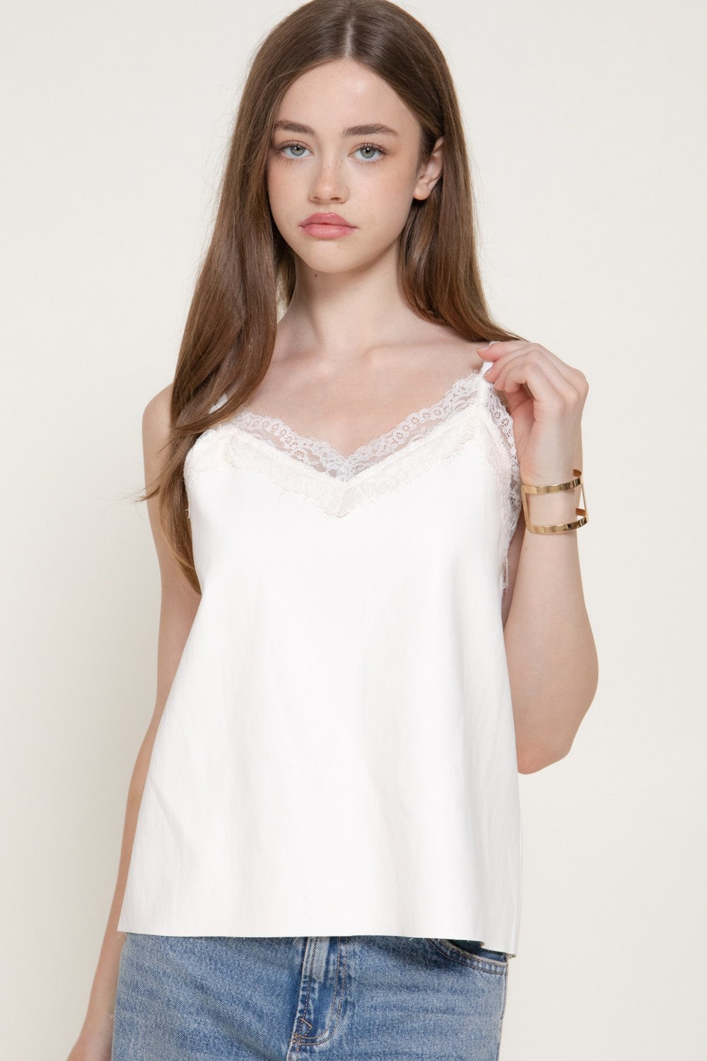 Lace Trimmed Faux Leathr Camisole Top