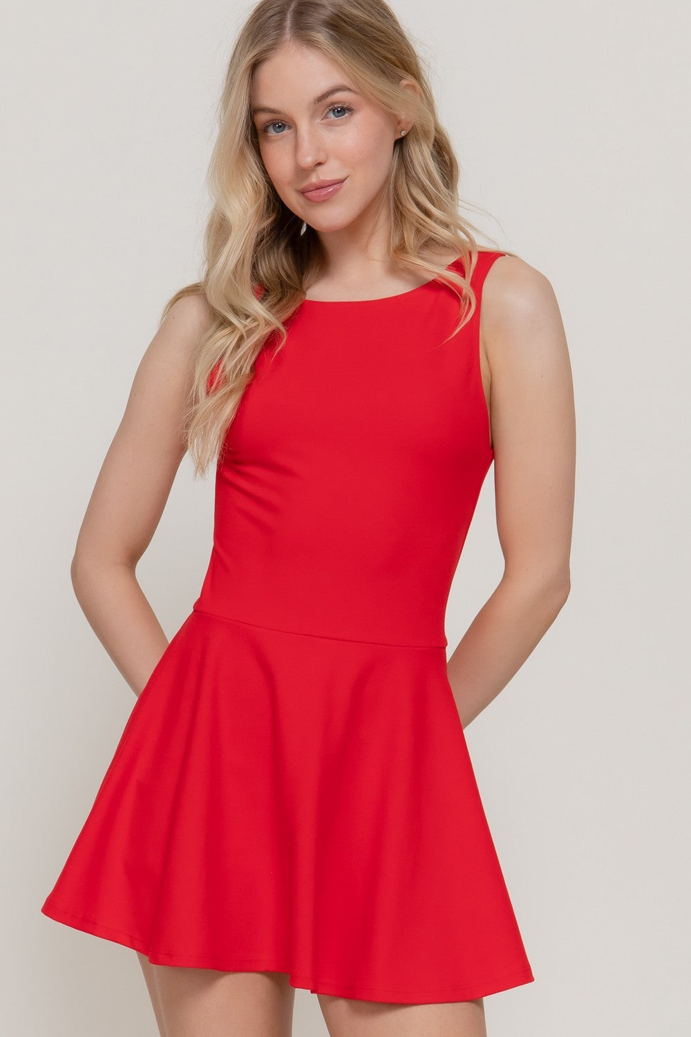 Sleeveless Boat Neck Flare Mini Dress