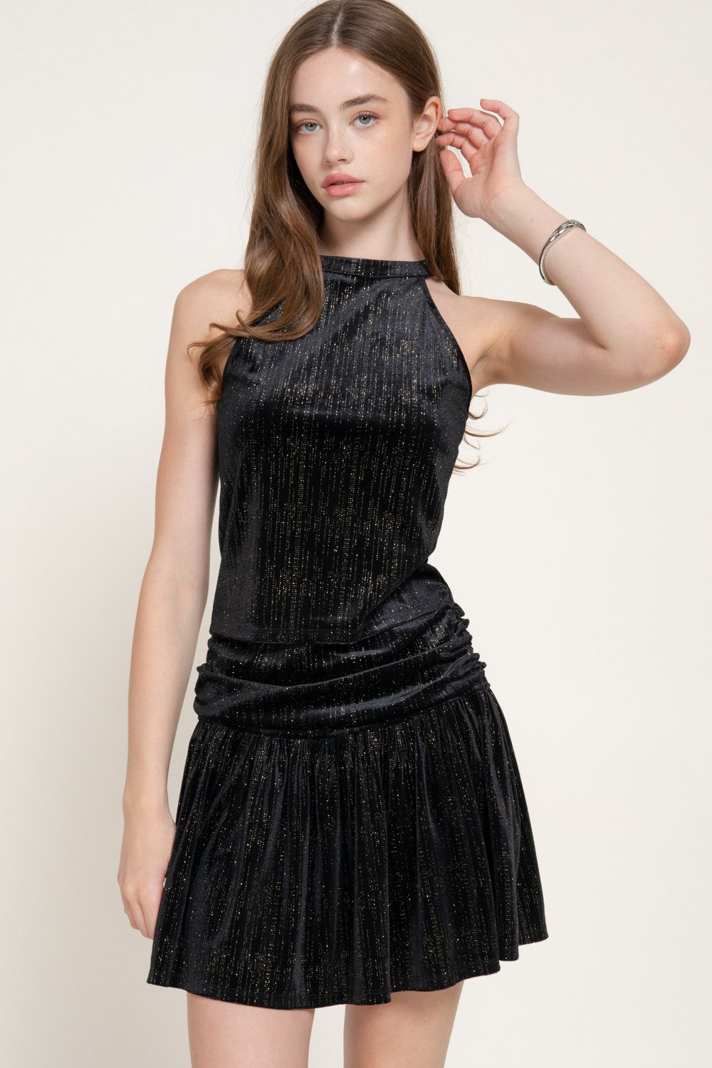 Halter Top & Flare Mini Skirt Metallic Velour Set