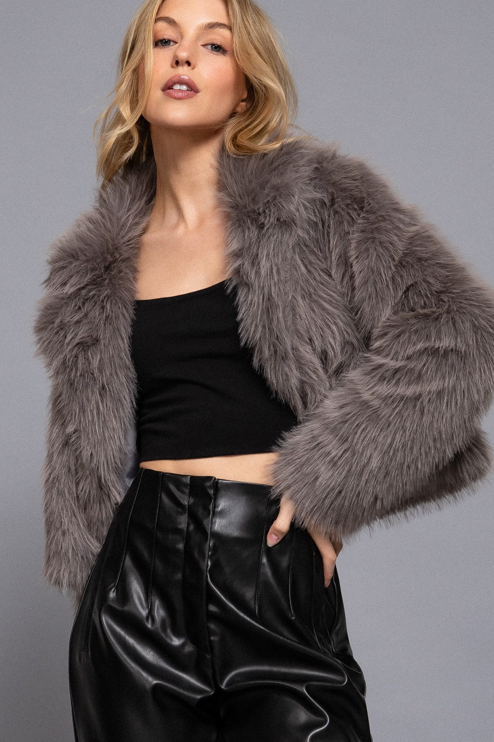 Long Slv Notched Collar Faux Fur Crop Jacket