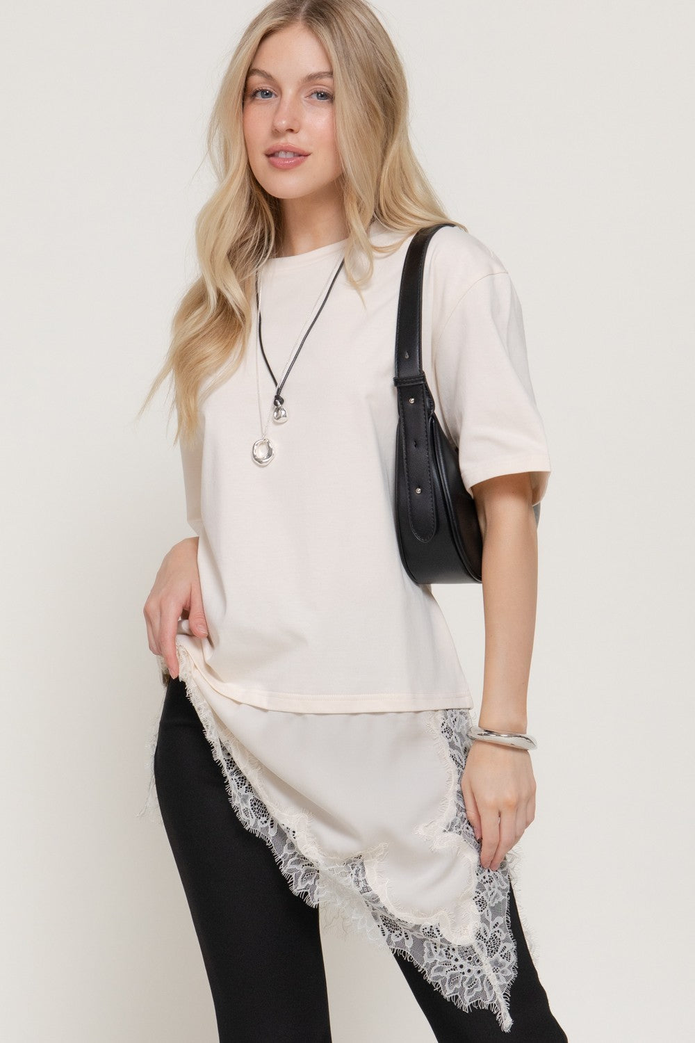 Short Slv Asymmetrical Hem Tonal Lace Knit Top