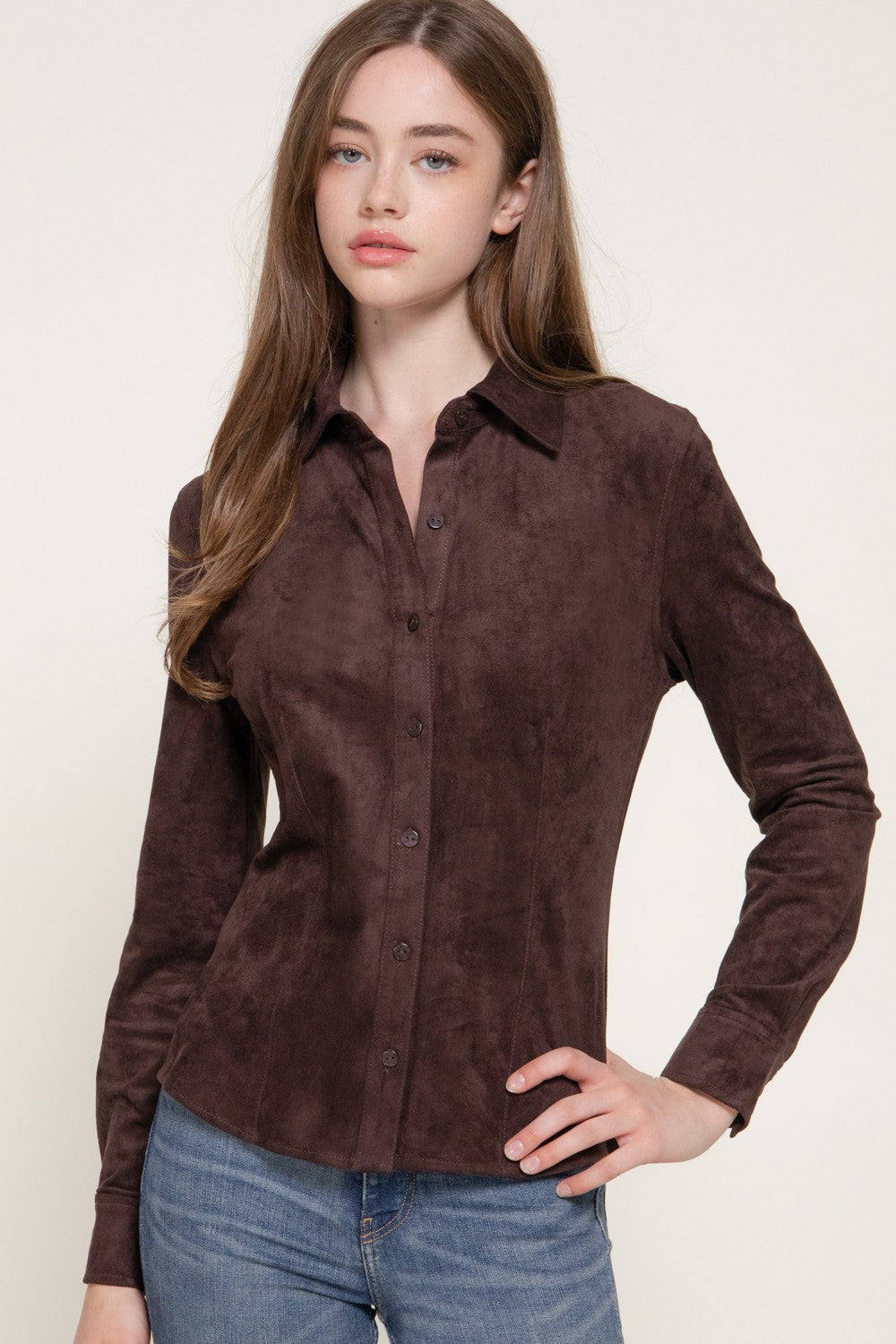 Long Sleeve Stretch Faux Suede Shirt