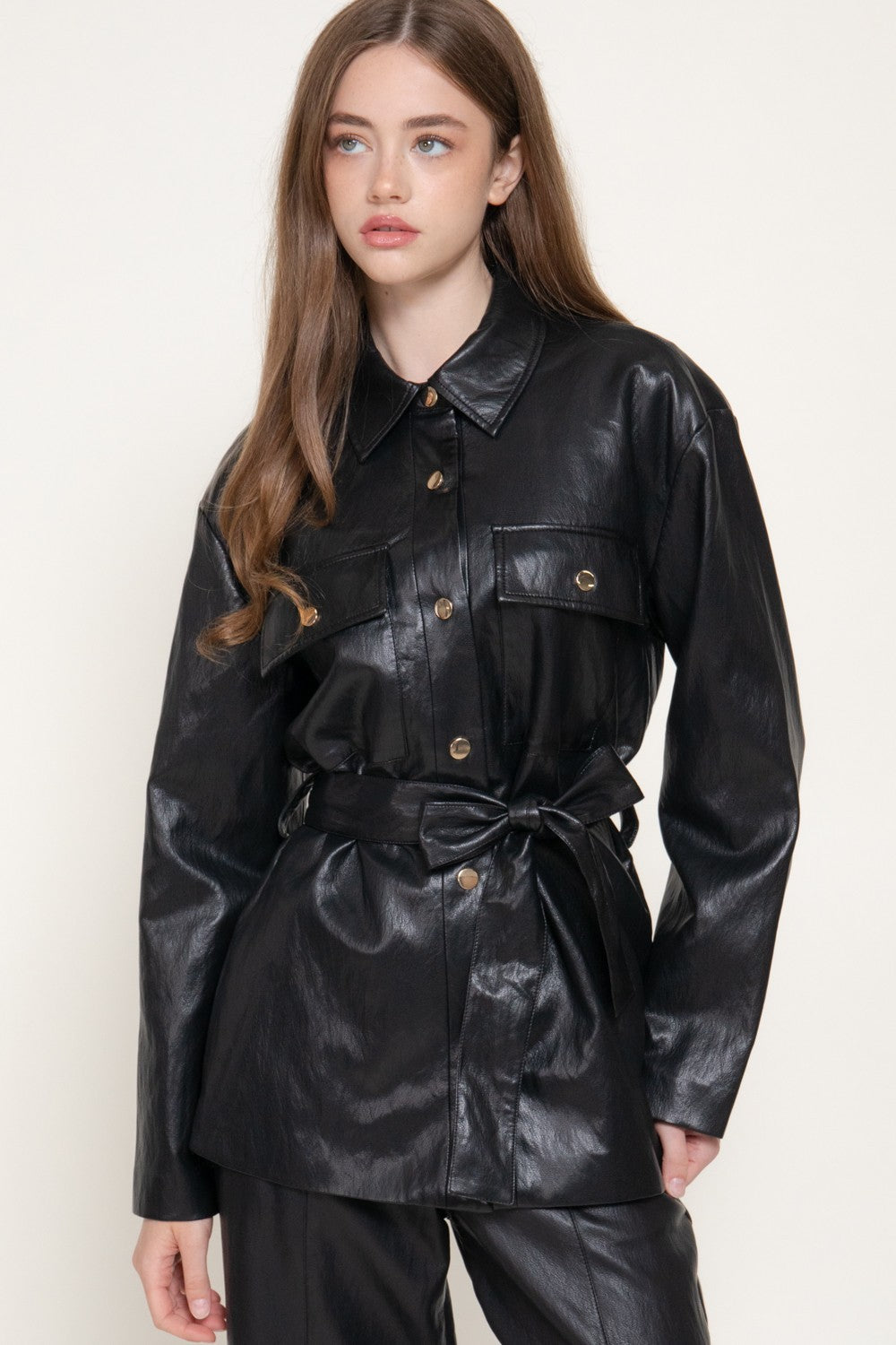 Button Down Belted Faux Leather Jacket