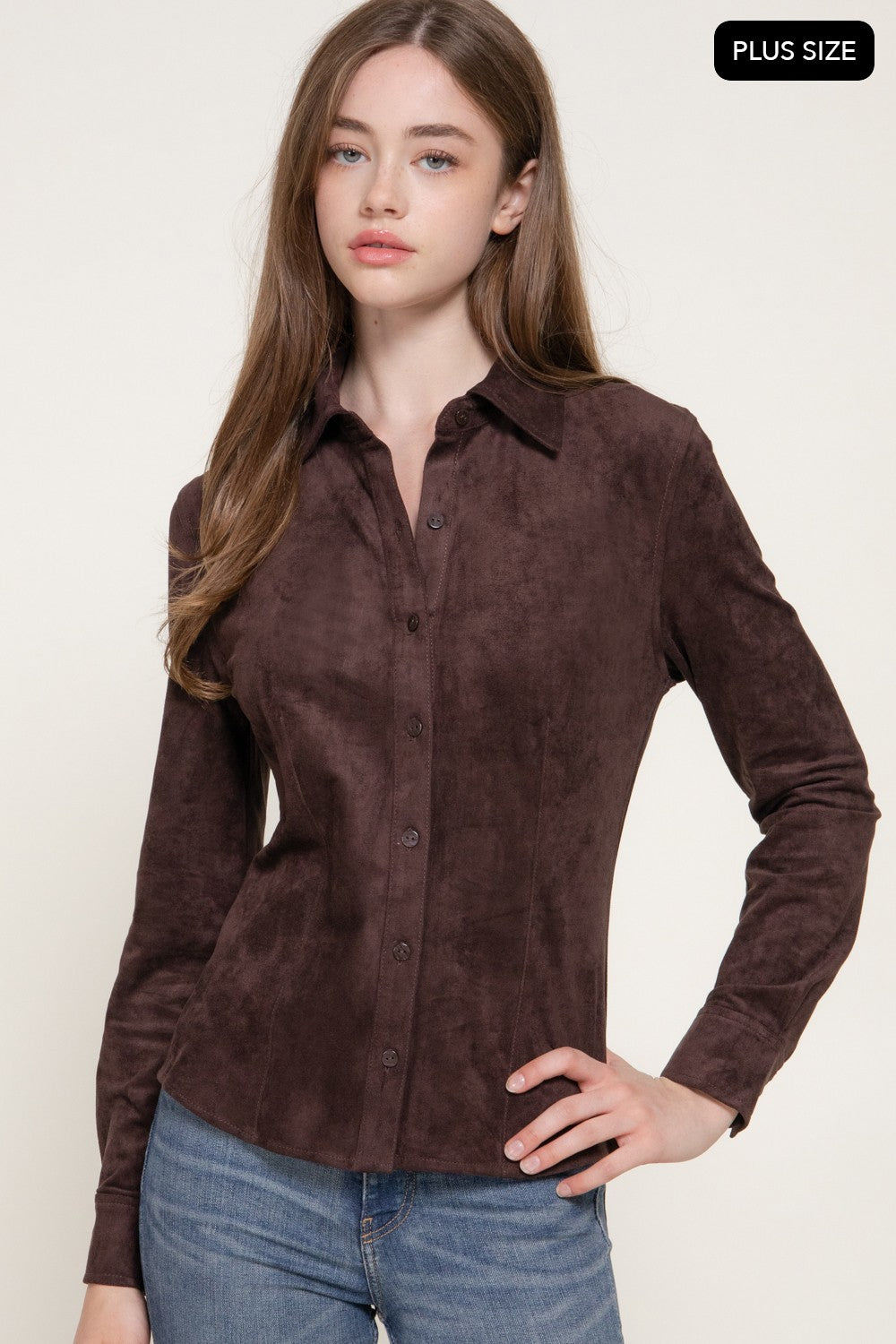 Long Sleeve Stretch Faux Suede Shirt