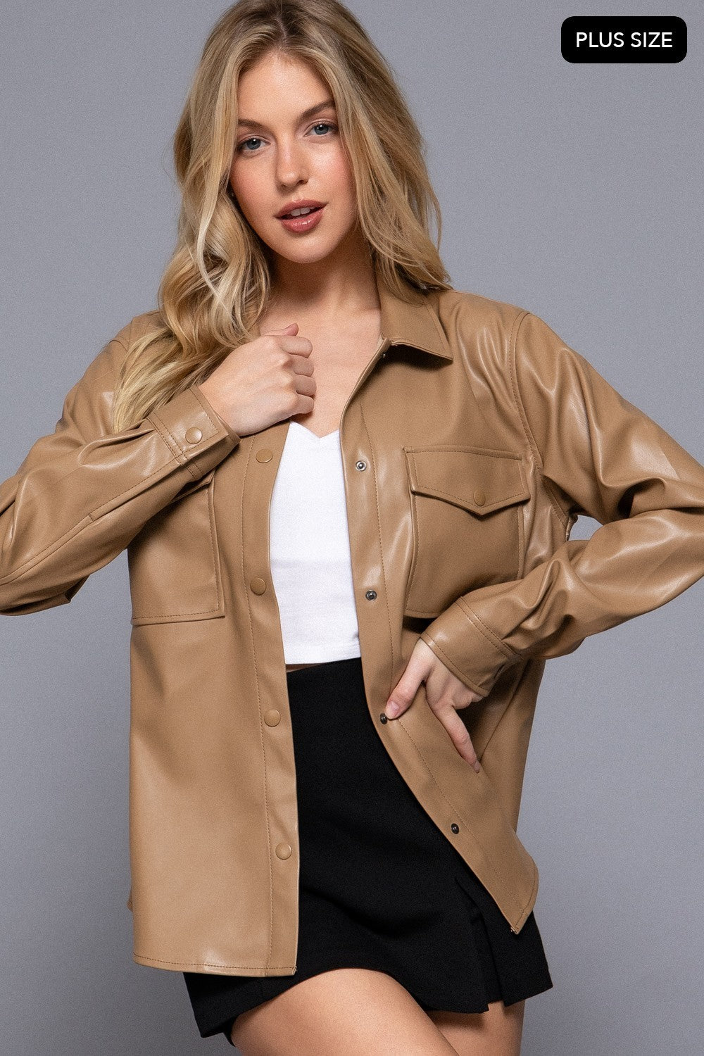 Long Slv Faux Leather Shacket