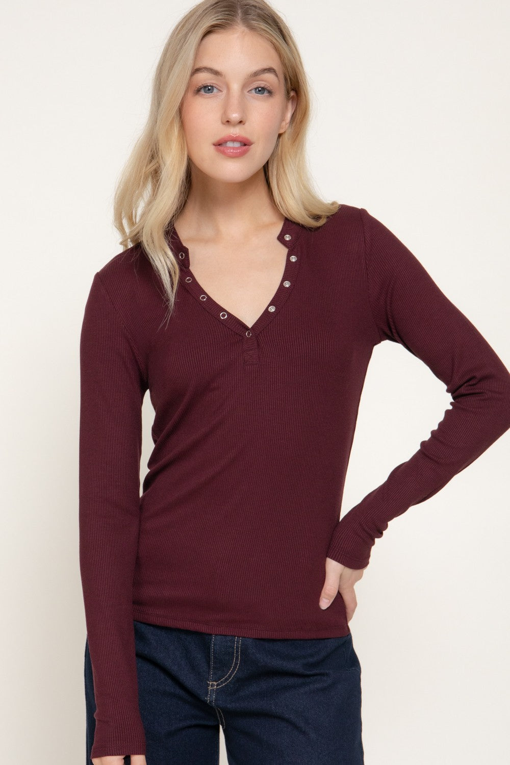 Long Slv Henley Neck Ribbed Top