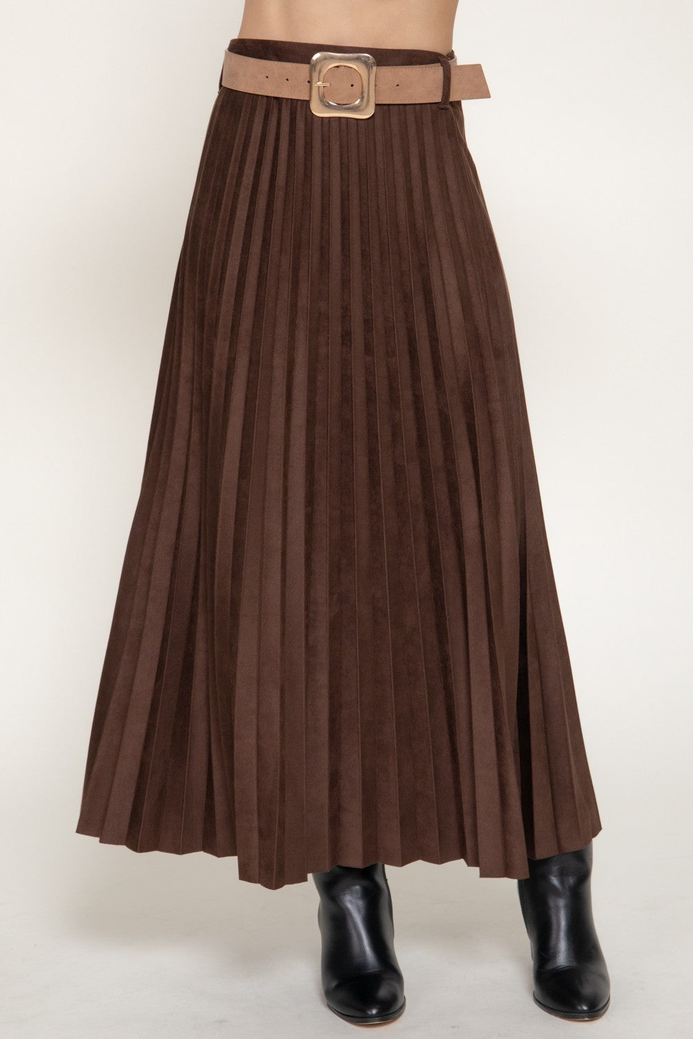Belted Faux Suede Pleated Long Skirt