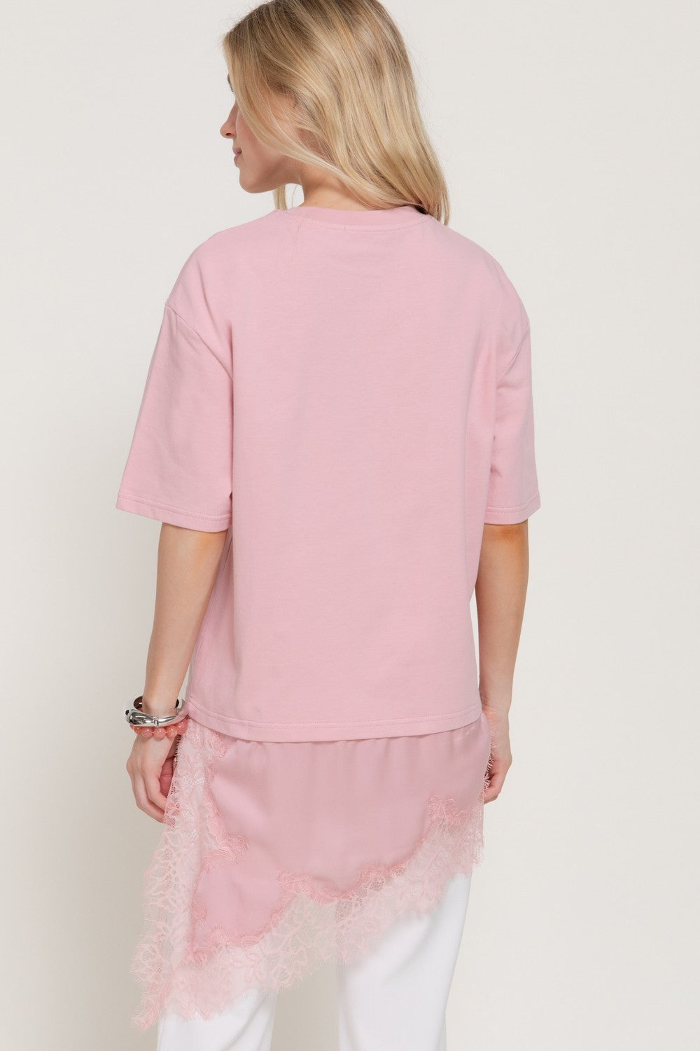 Short Slv Asymmetrical Hem Tonal Lace Knit Top