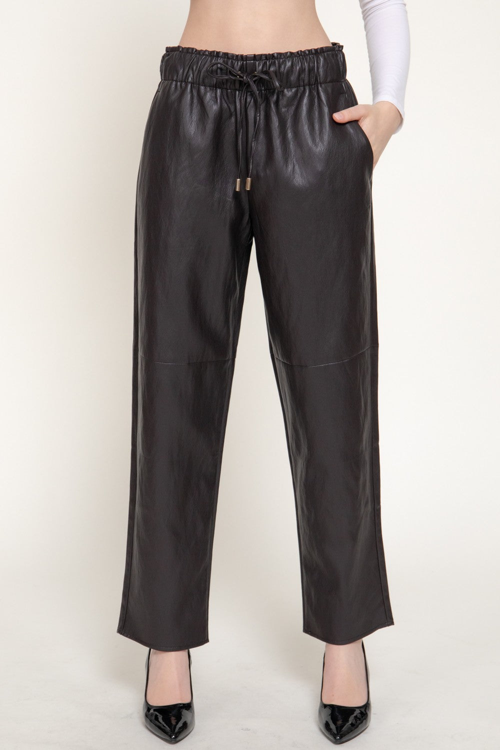Elastic Waist Texture Faux Leather Pants