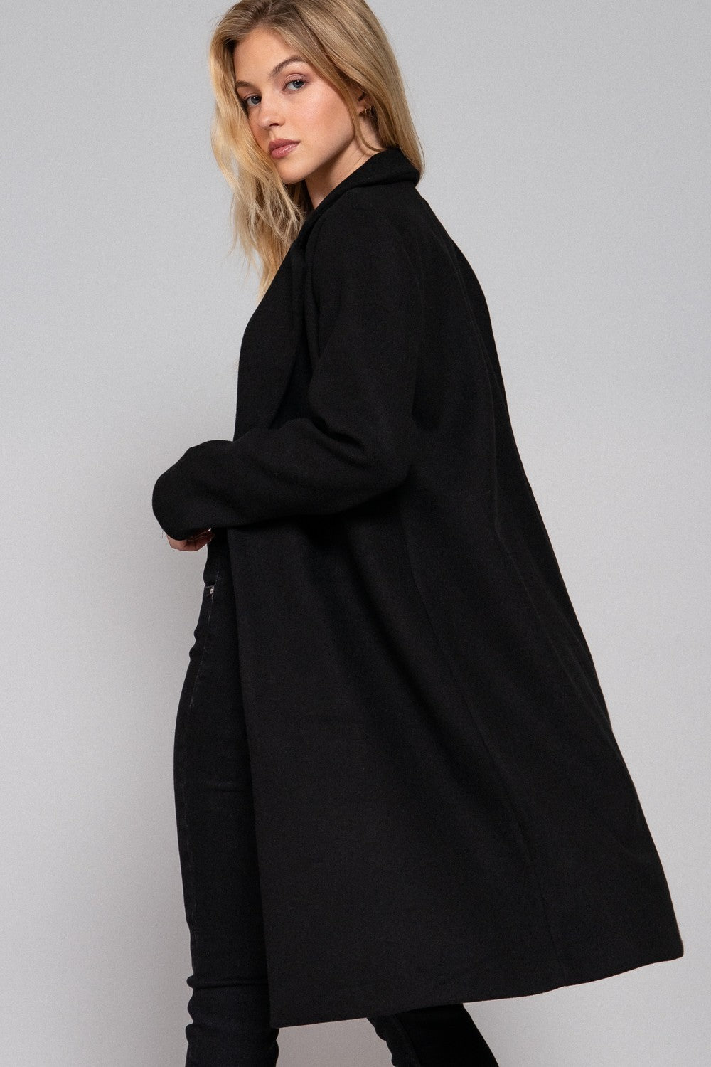 Long Slv Notched Collar Open Front Long Coat