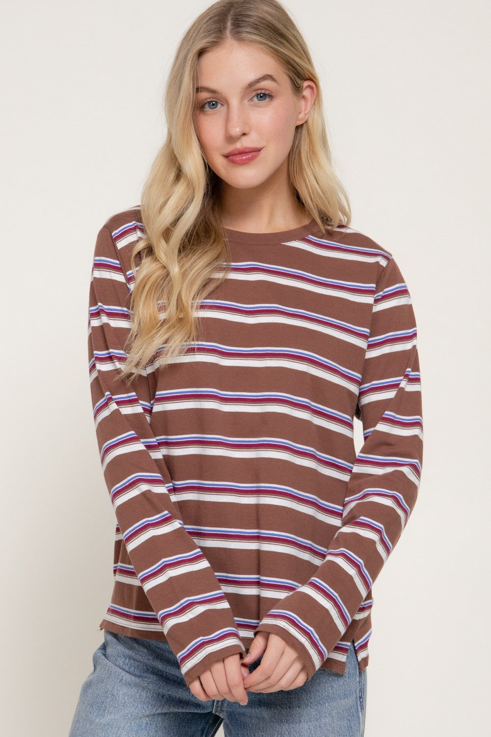 Long Slv Y/d Multi Striped Knit Top