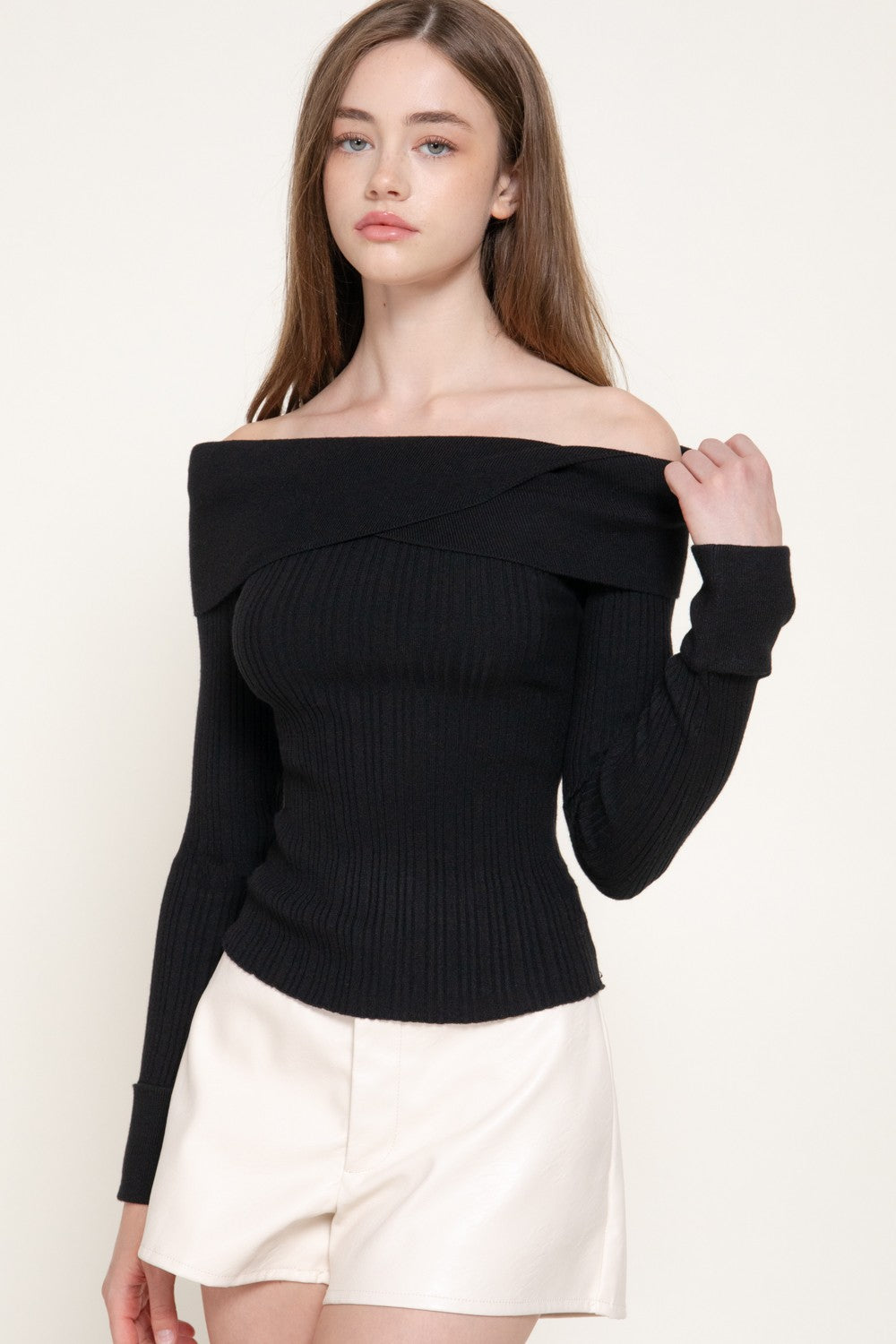 Long Slv Texture Off The Shoulder Sweater