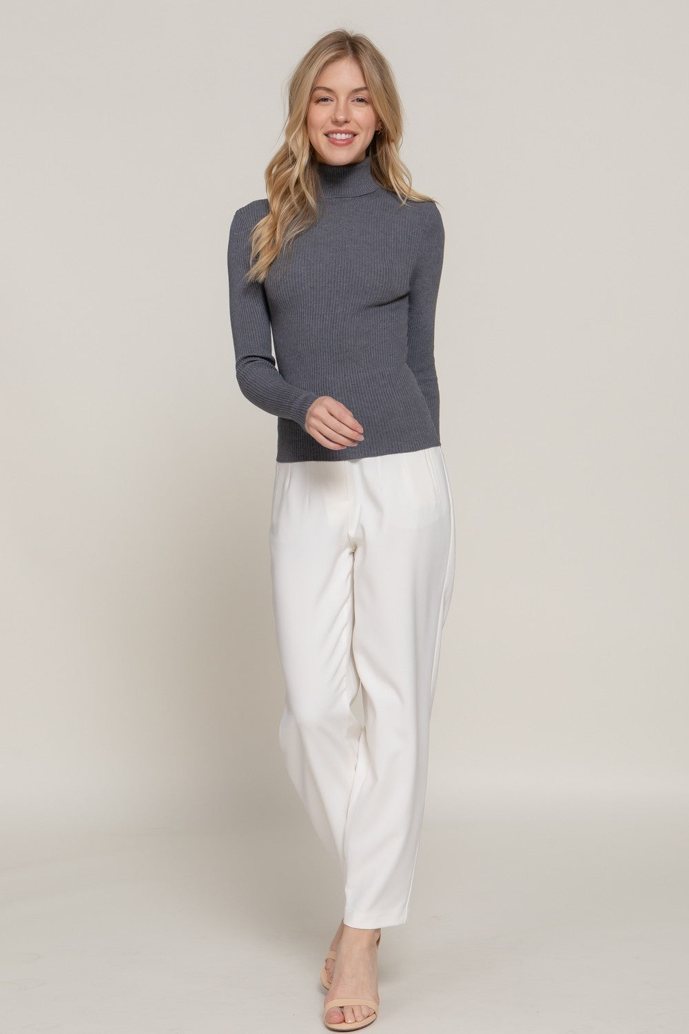 Turtle Neck Fitted Viscose Rib Sweater Top