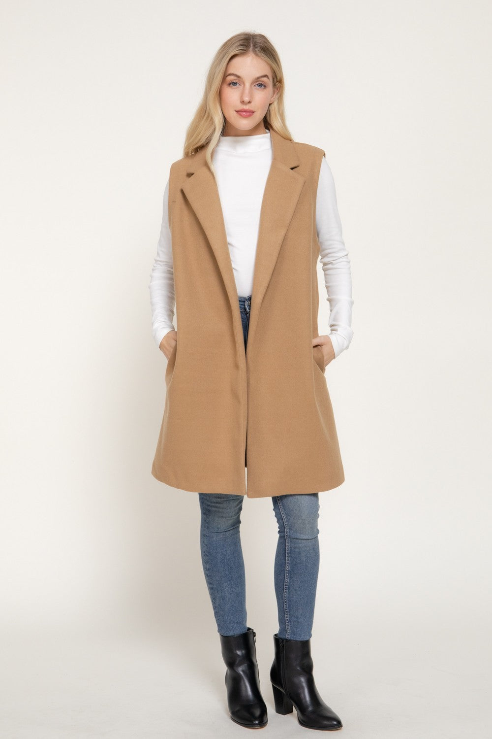 Sleeveless Notched Collar Soft Open Vest