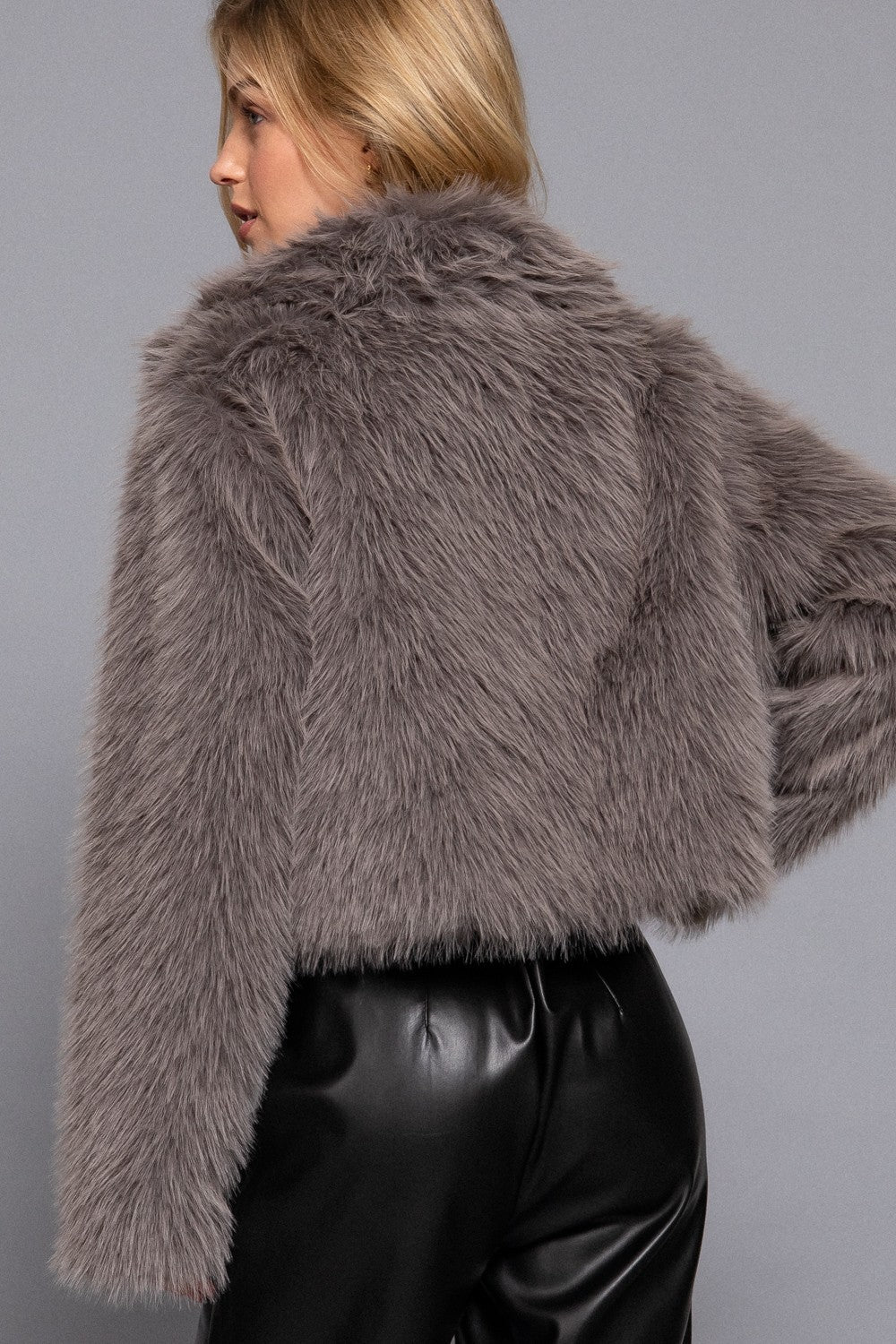 Long Slv Notched Collar Faux Fur Crop Jacket