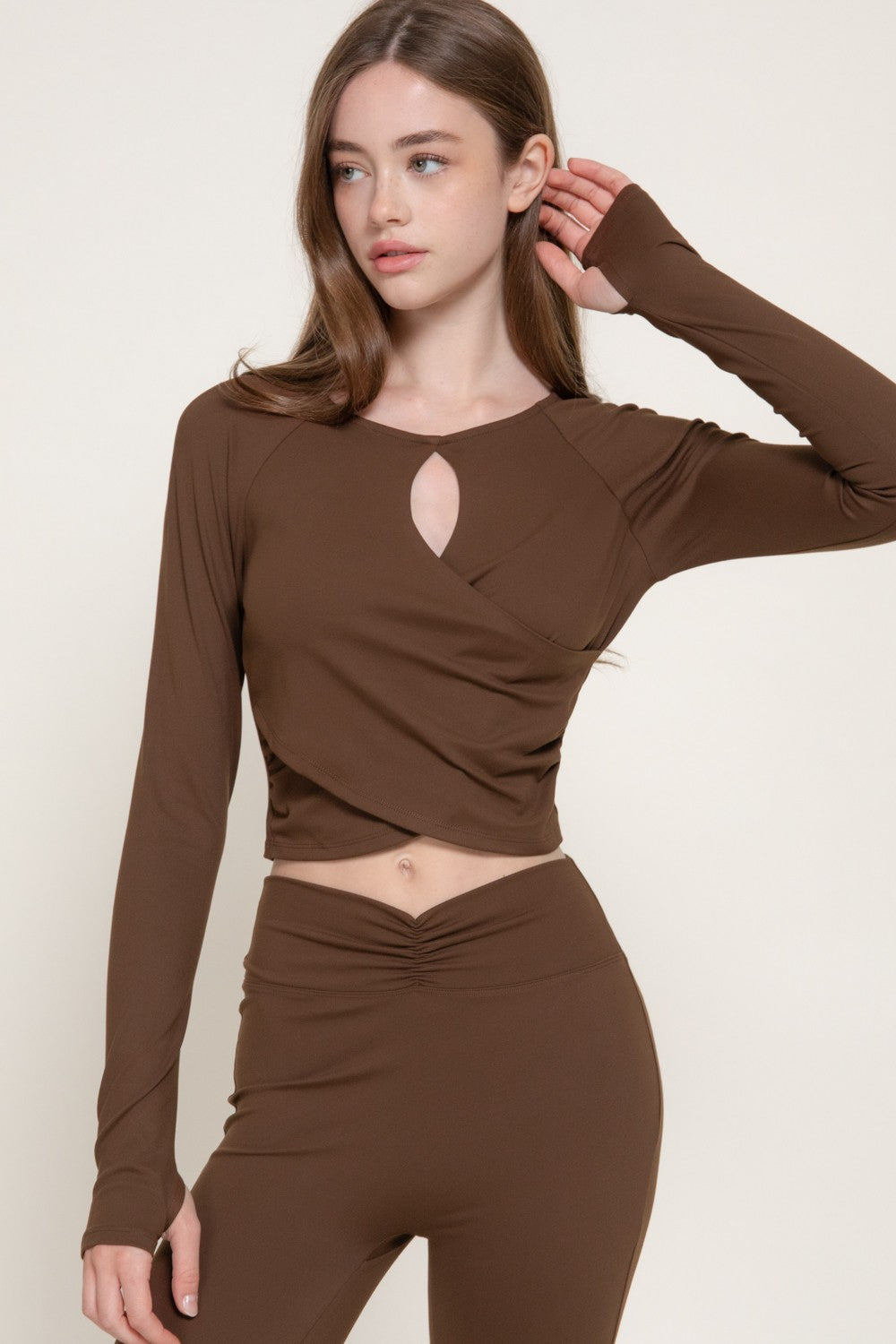 Long Sleeve Keyhole Shirring Workout Top