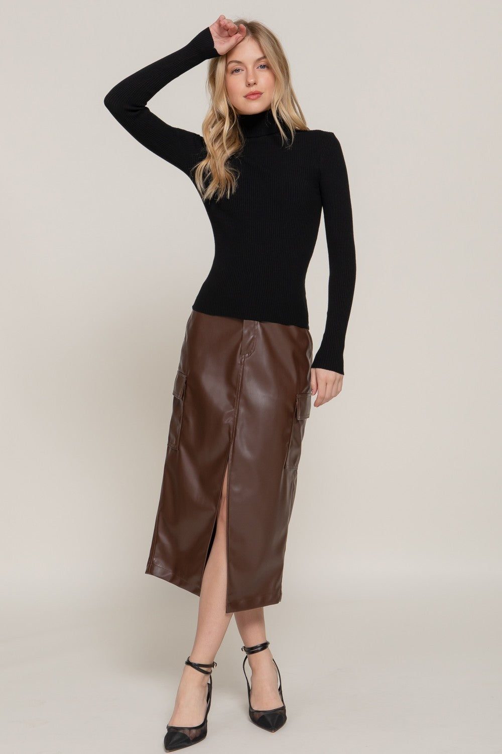 Turtle Neck Fitted Viscose Rib Sweater Top