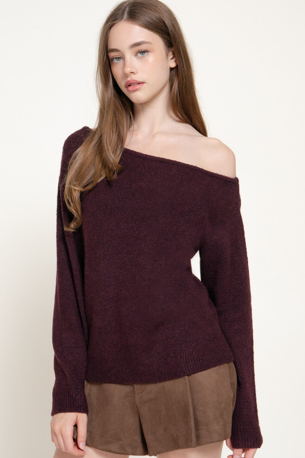 Long Slv Asymmetrical Neckline Sweater