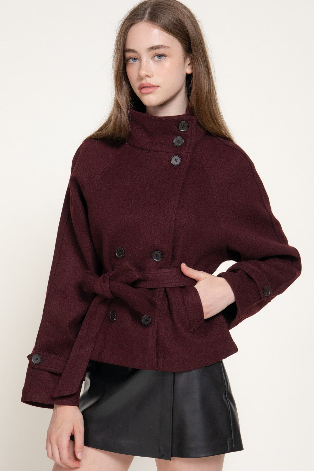 Double Breasted Button Belted Felt Jacket