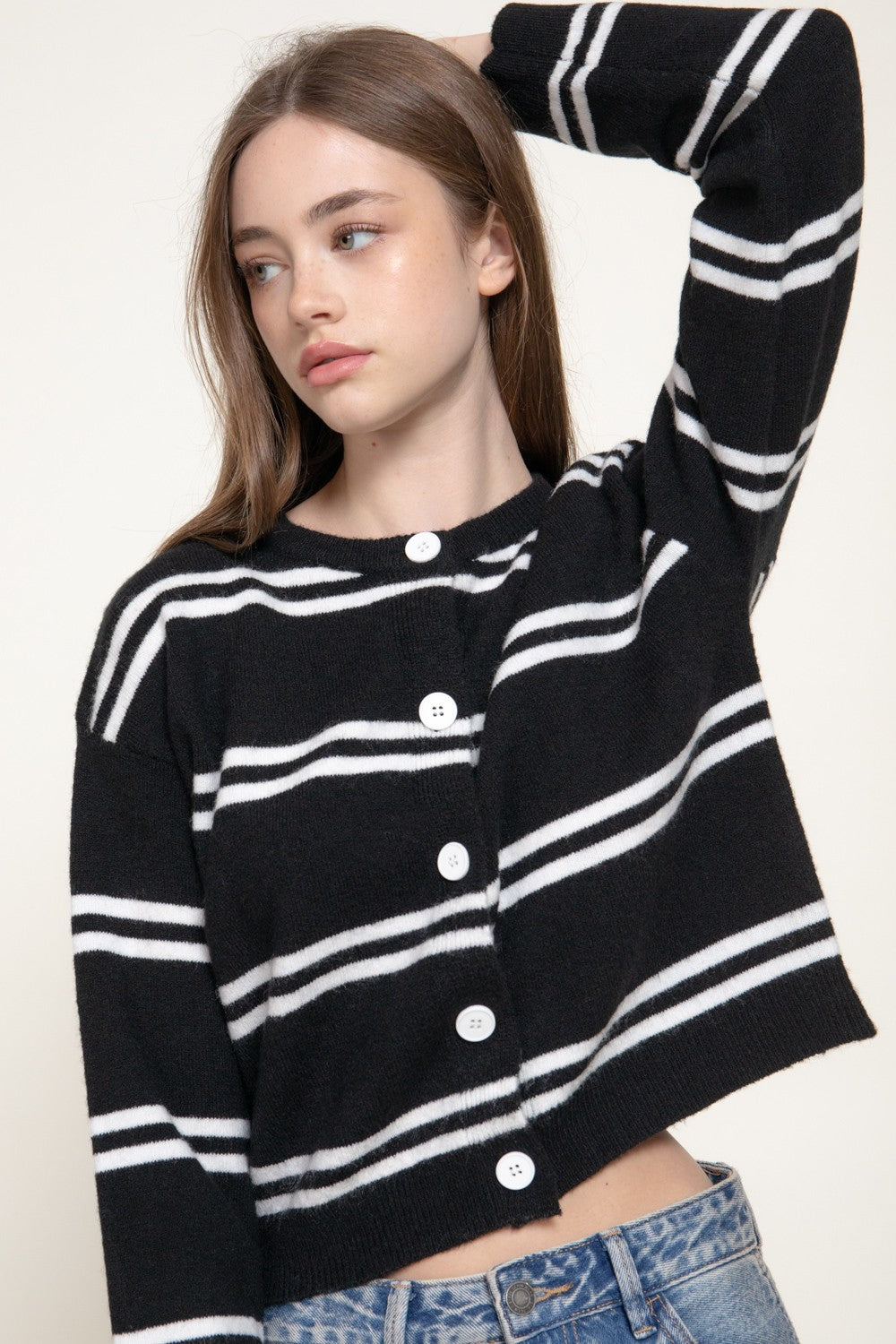 Long Slv Striped Sweater Cardigan