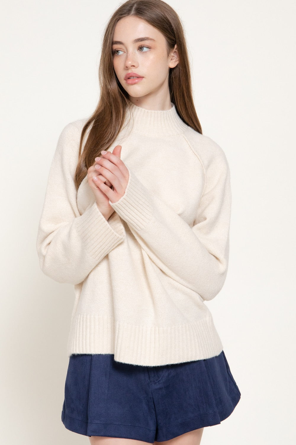 Long Raglan Slv Mock Neck Sweater