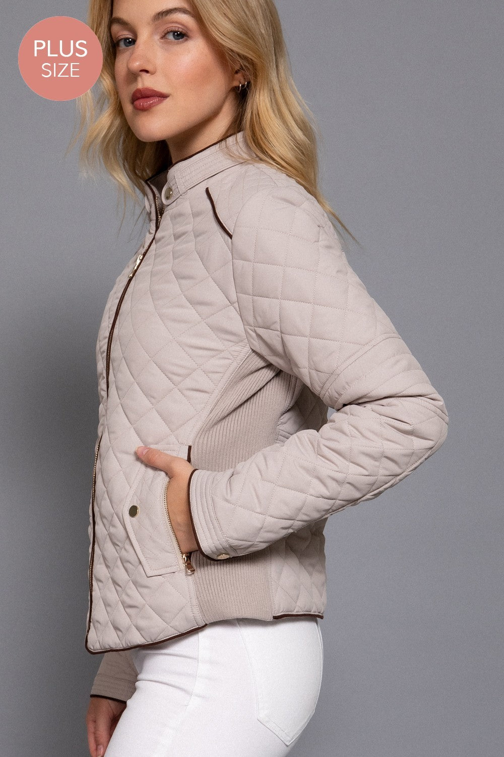 Suede Piping Detail Rib Quilted Padding Jacket