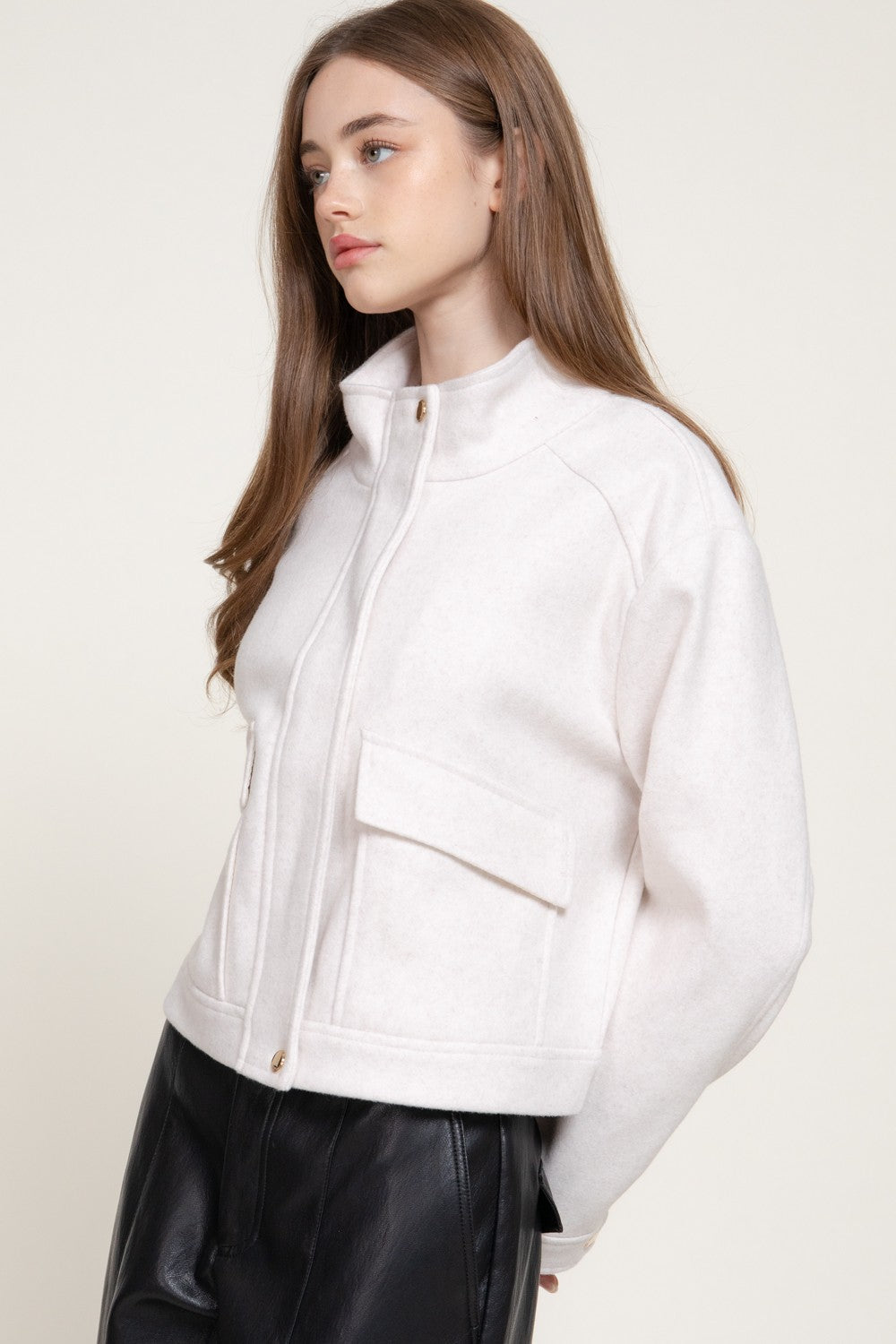 Long Slv High Neck Collar Felt Jacket
