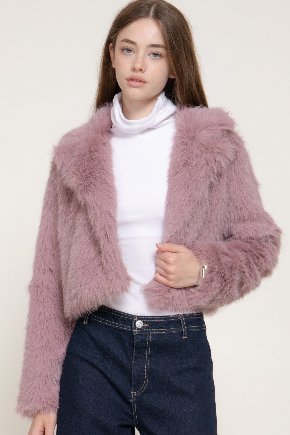Long Slv Notched Collar Faux Fur Crop Jacket