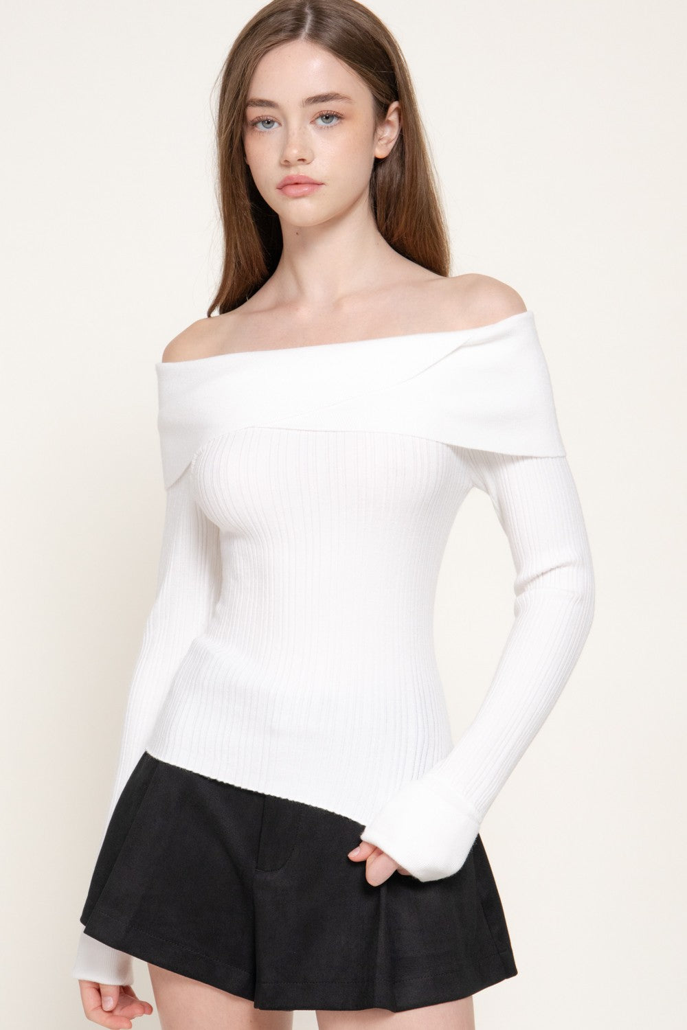 Long Slv Texture Off The Shoulder Sweater