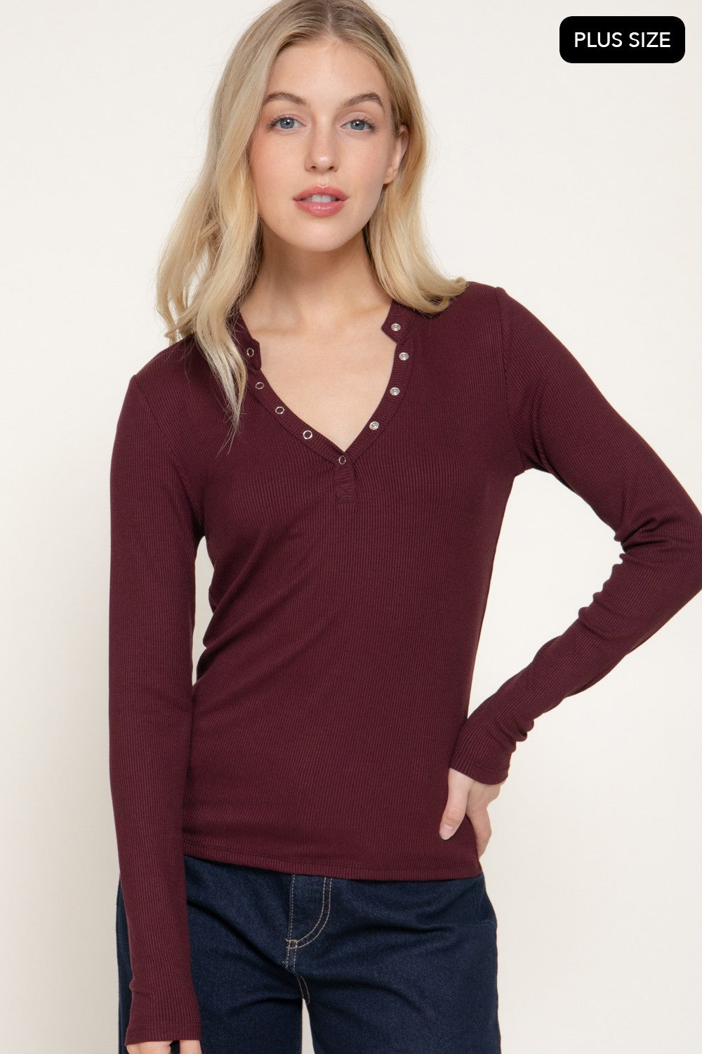 Long Slv Henley Neck Ribbed Top