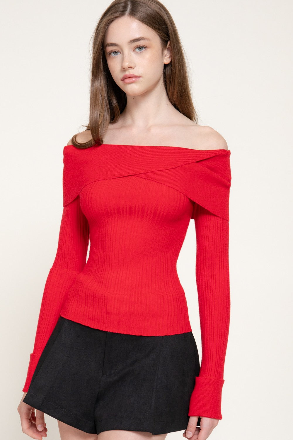 Long Slv Texture Off The Shoulder Sweater