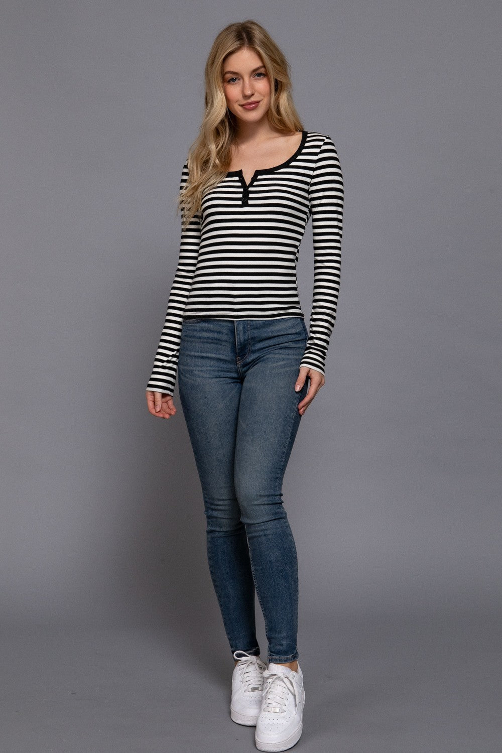 Long Slv Henley Neck Stripe Brushed Rib Top