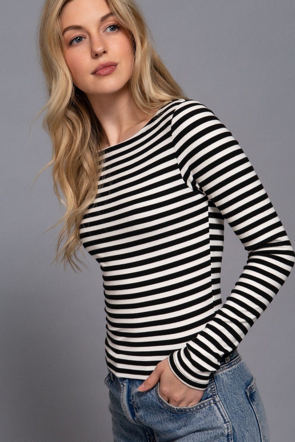 Long Slv Boat Neck Stripe Brushed Rib Top