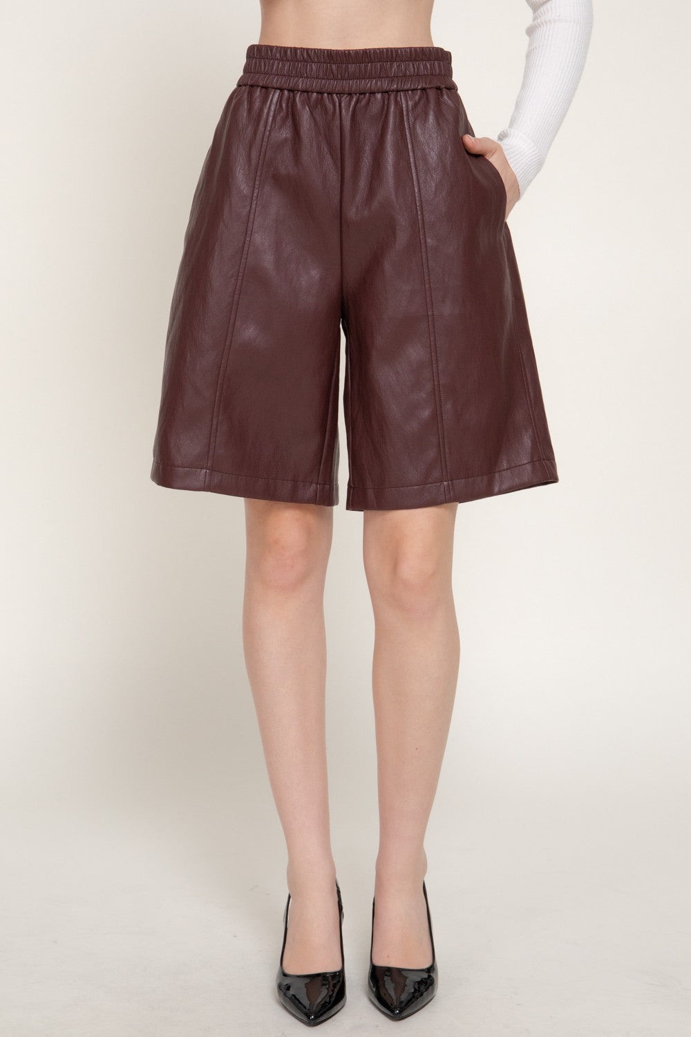 Elastic Waist Faux Leather Shorts
