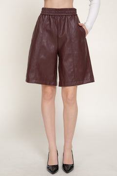 Elastic Waist Faux Leather Shorts