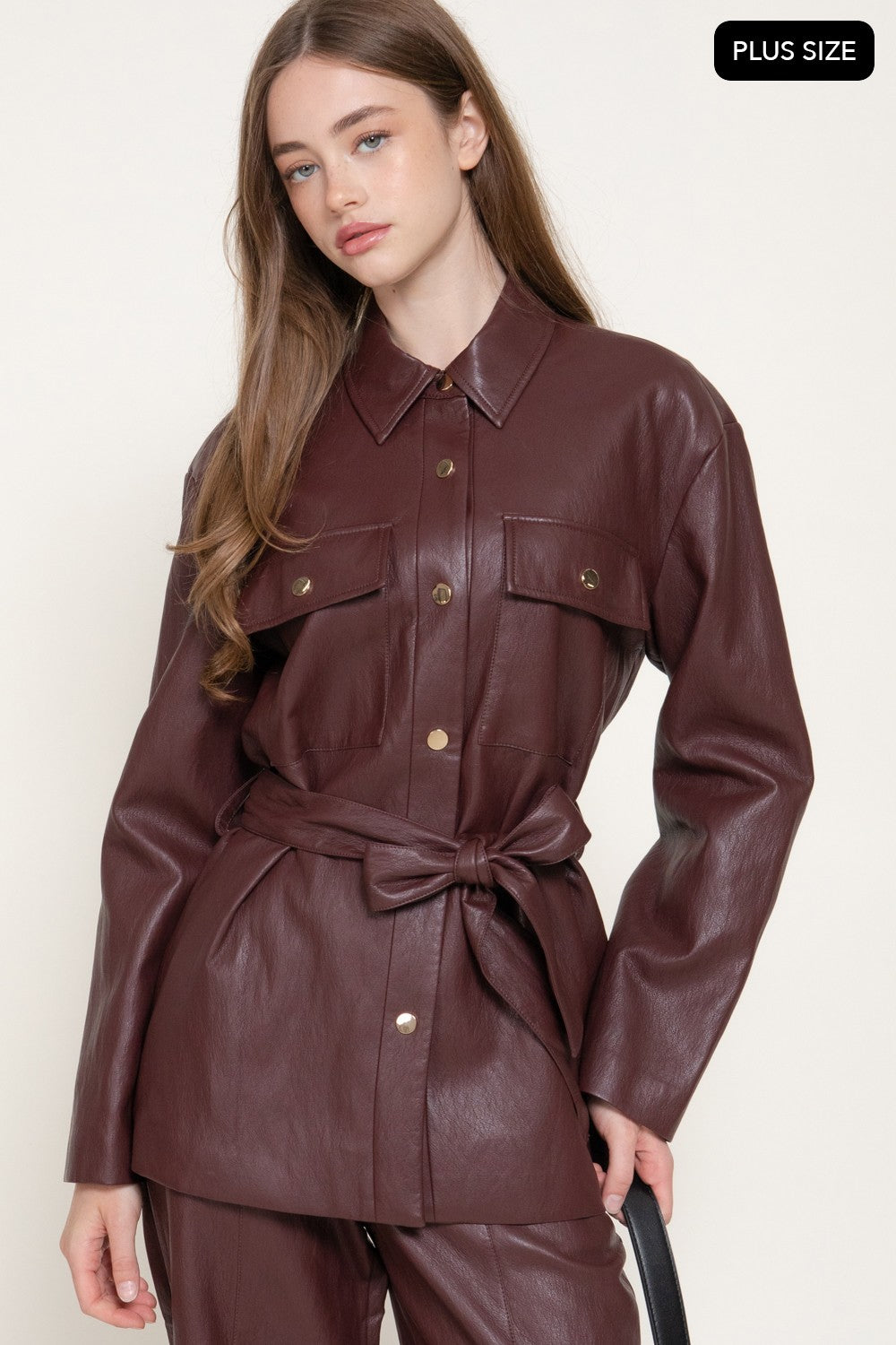 Button Down Belted Faux Leather Jacket