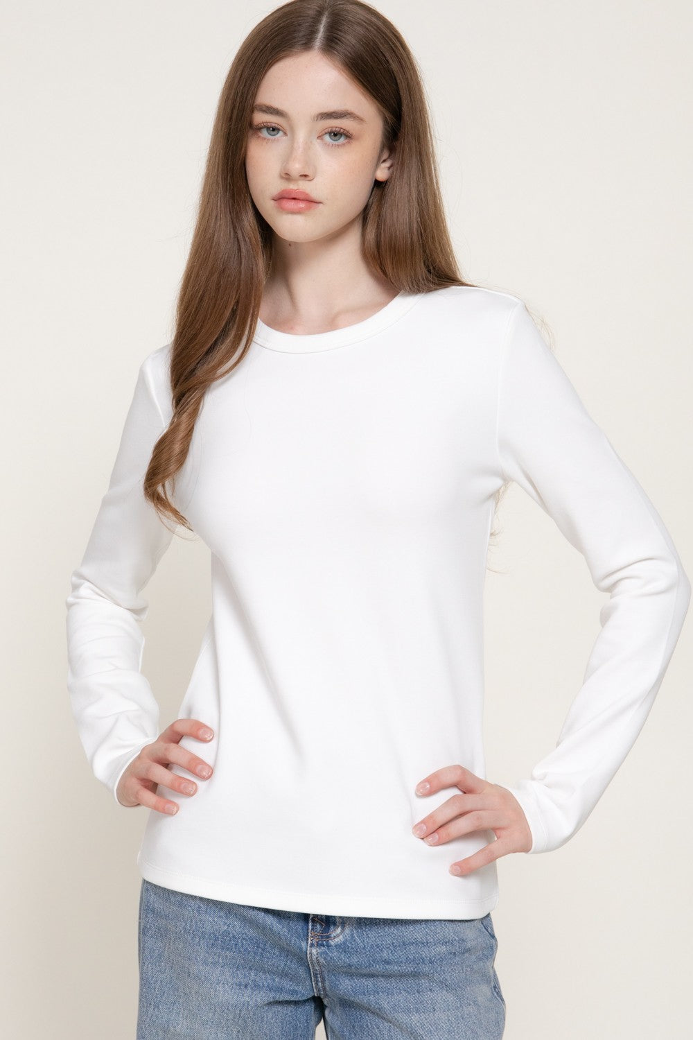Long Slv Crew Neck Cotton Scuba Knit Top
