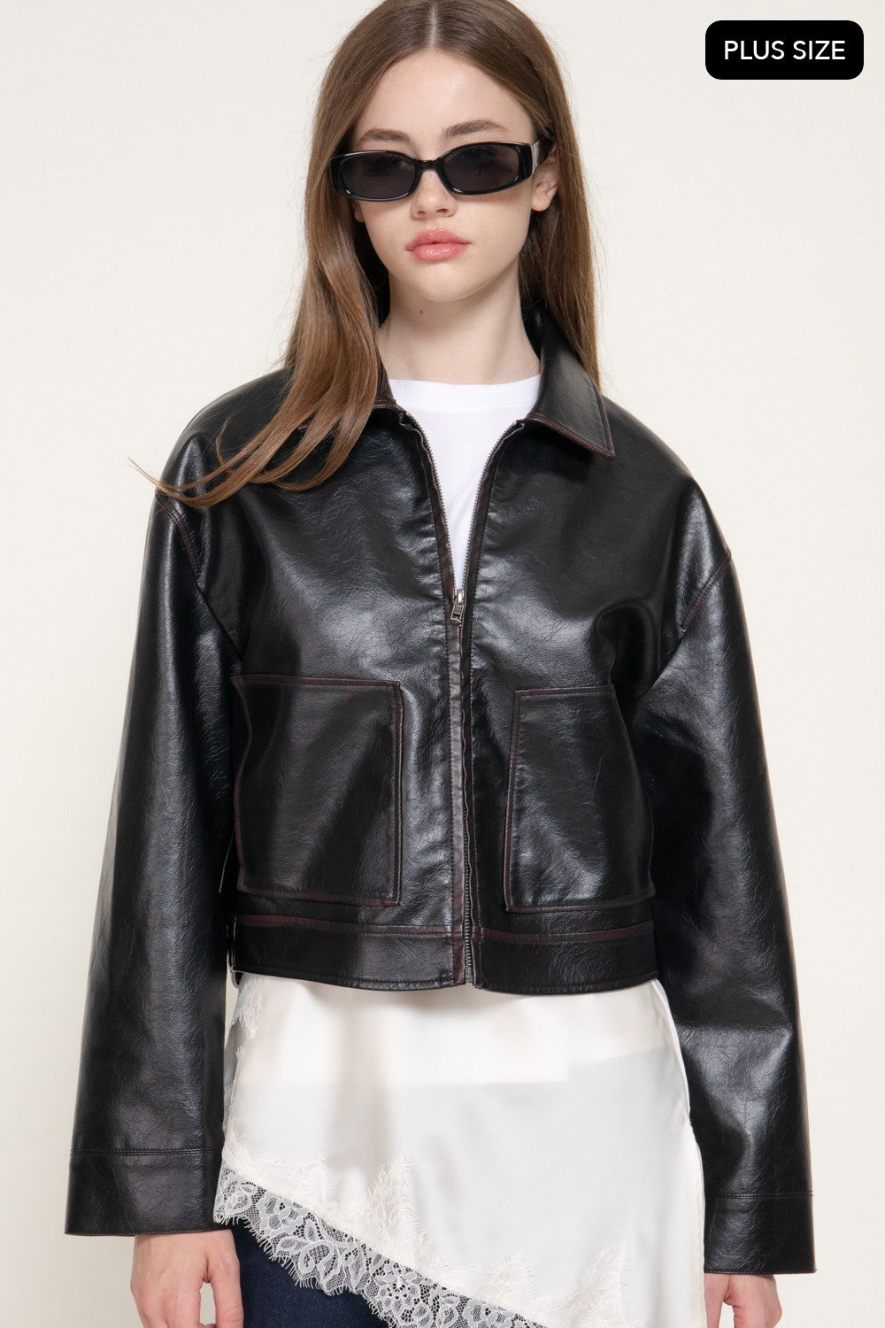 Lapel Collar Washed Effect Faux Leather Jac