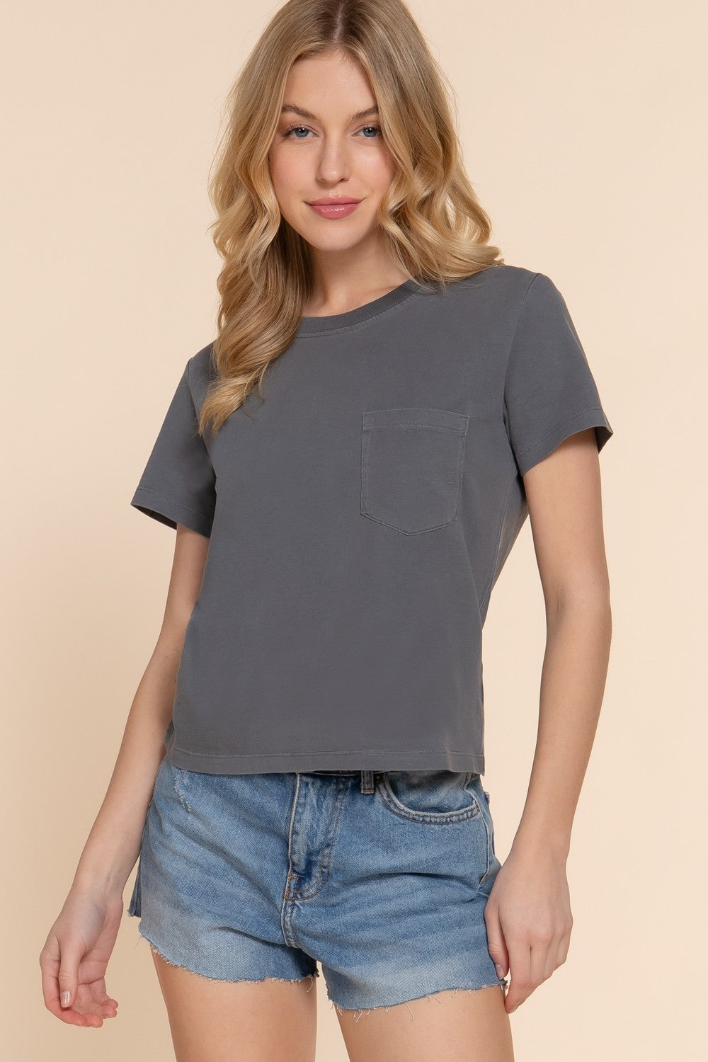 Short Slv Garment Dye Knit Top
