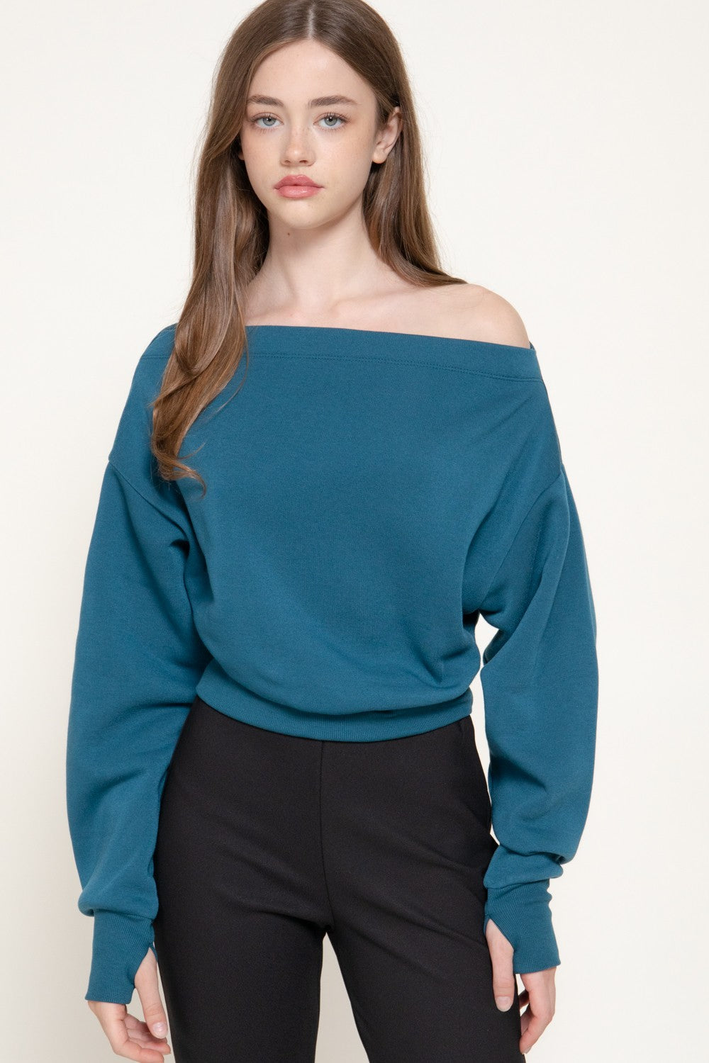 Long Sleeve Off The Shoulder Inner Fleece Top
